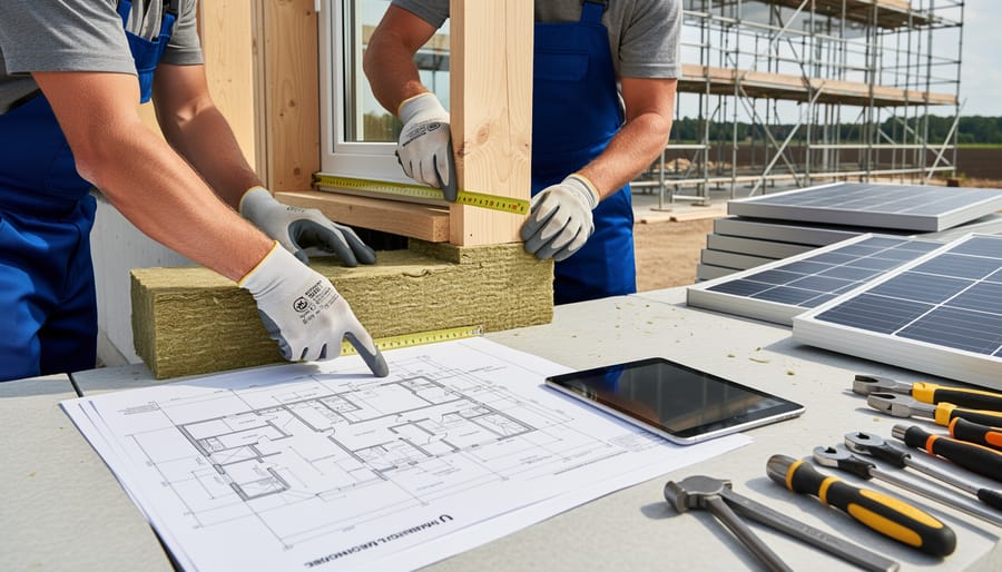 Construction workers installing energy-efficient building materials on a modern Vancouver structure