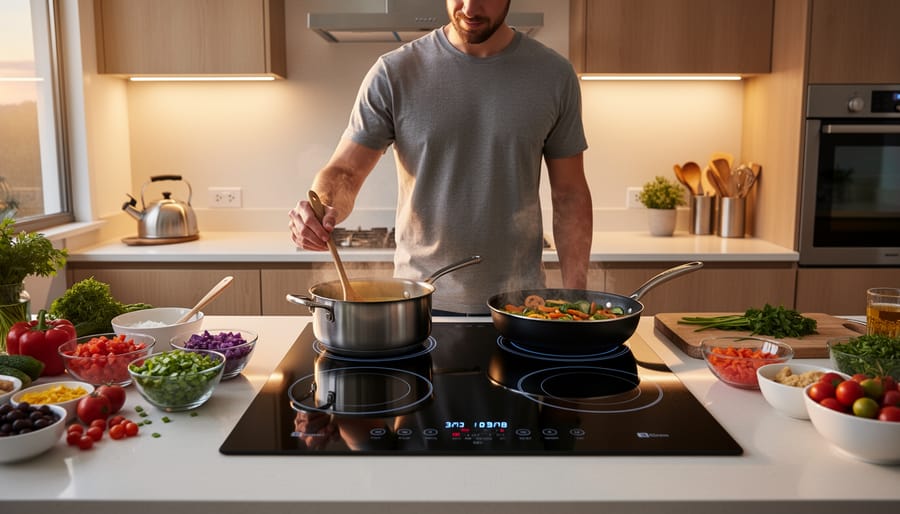 Person cooking with an induction cooktop while preparing dinner in a bright home kitchen