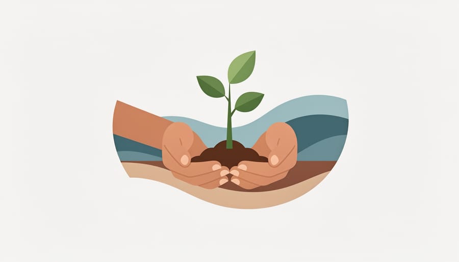 Close-up of a community member holding a small sapling with a blurred forest and river background.
