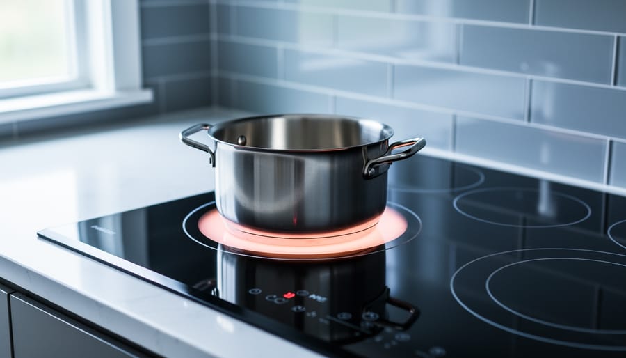 Close-up of a stainless-steel pot heating on a modern induction cooktop in a bright Canadian kitchen.