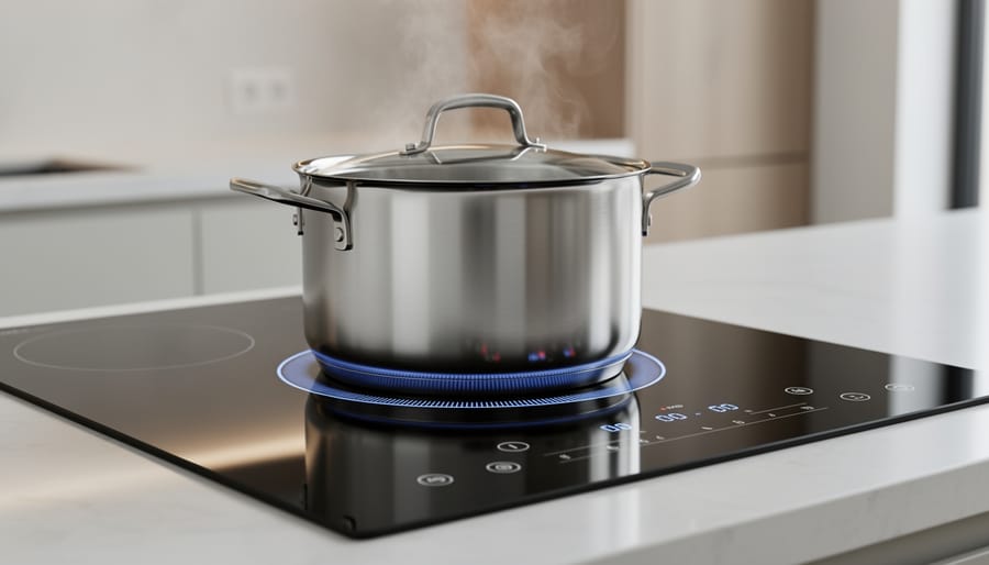 A stainless-steel pot heating on a modern induction cooktop in a bright kitchen