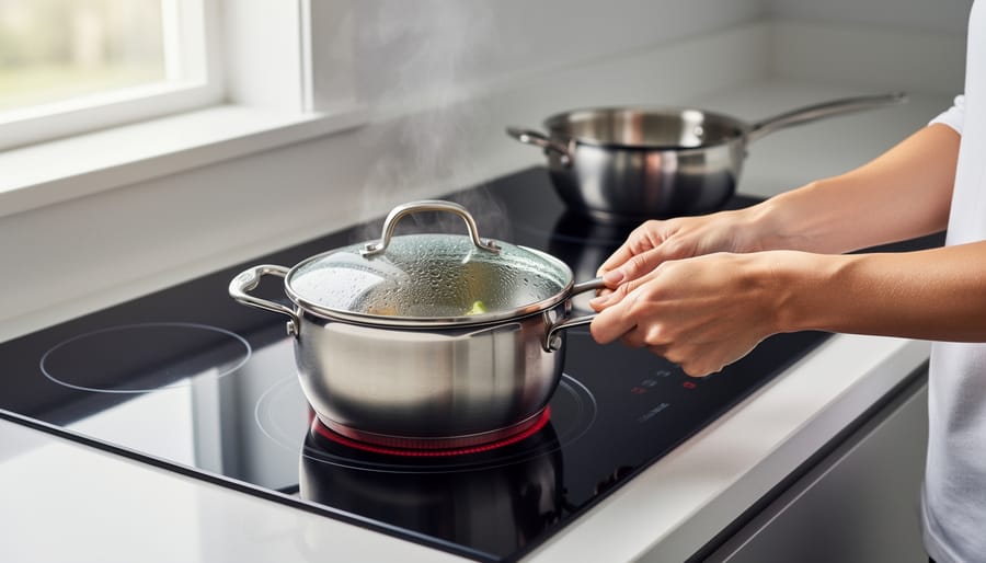 Gloved hand placing a lidded saucepan correctly centered on an induction burner