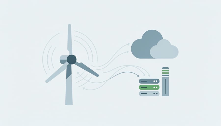 Wind turbines generating clean energy over green fields with subtle light trails symbolizing digital connectivity