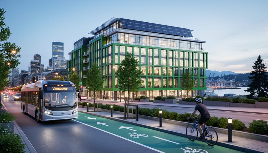 Vancouver streetscape featuring a modern energy-efficient commercial building alongside an electric bus and protected bike lane with greenery at dusk