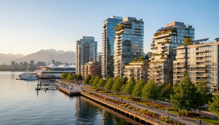 Vancouver skyline over the waterfront with a green-roofed building in the foreground