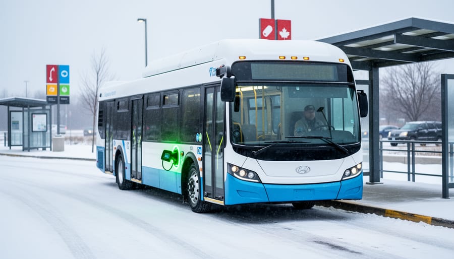 A battery electric city bus at a Canadian transit platform in snowy winter weather, shown from a three-quarter angle with soft overcast lighting.