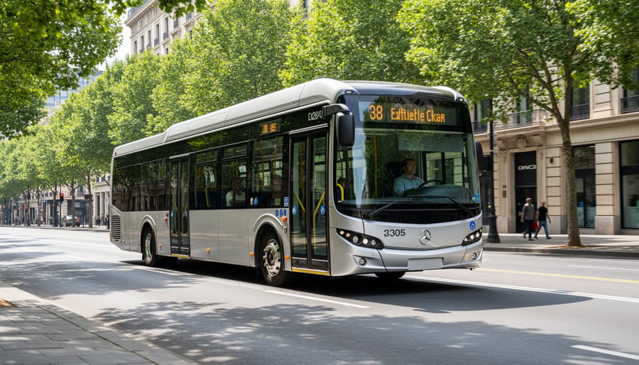 A battery-electric bus pulling away on a quiet Canadian street with trees and pedestrians