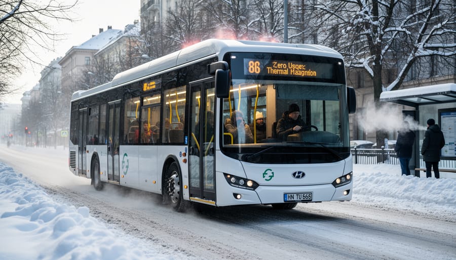 A battery-electric bus traveling on a snowy Canadian street in winter conditions