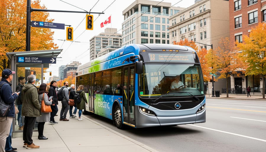 A modern battery-electric bus at a Canadian transit stop with passengers waiting nearby