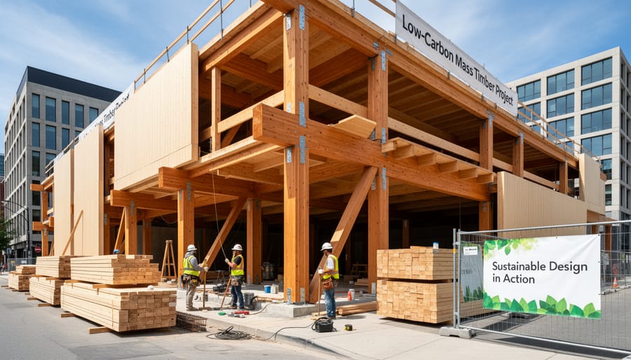 Carpenter’s hands installing mass timber panels with visible wood grain in a workshop setting