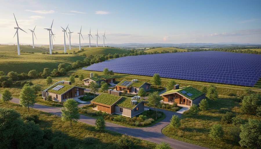 Wind turbine or solar panels in a rural landscape at dusk with the sunset horizon behind
