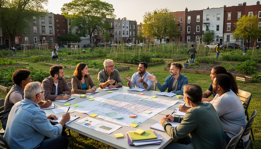 A diverse group of people discussing sustainability outdoors with a small sustainable building model nearby.