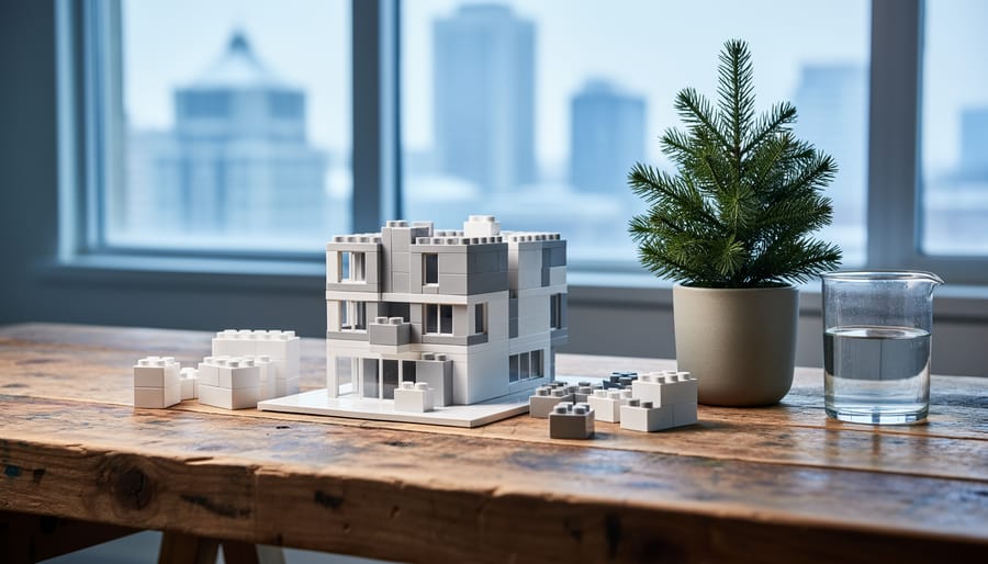 Close-up of a designer’s workbench with a modular building model, interchangeable components, and natural elements under soft daylight.