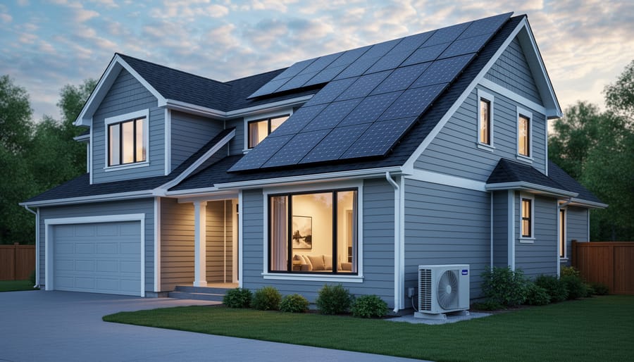 Exterior view of a modern Canadian home showing roof solar panels and an outdoor heat pump unit in soft evening light, with trees and sky blurred in the background.