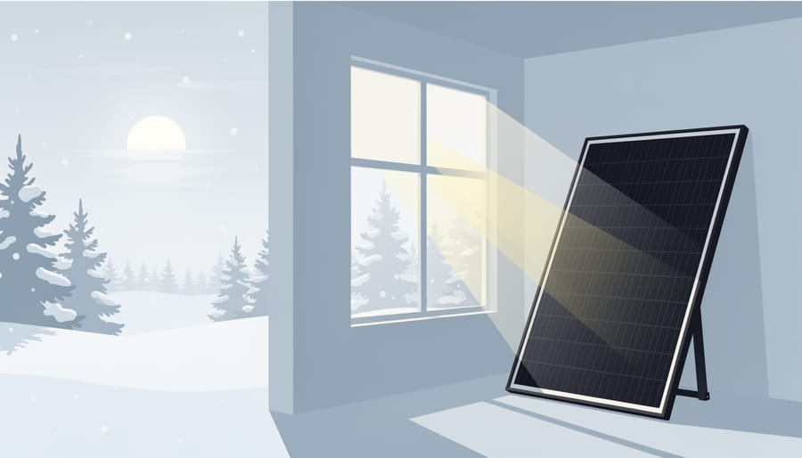 Close-up of a solar panel outdoors frosted with snow in winter light.