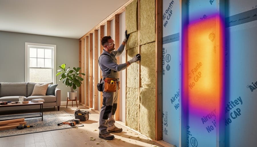 Person installing mineral wool insulation in wall studs during a home renovation interior project.