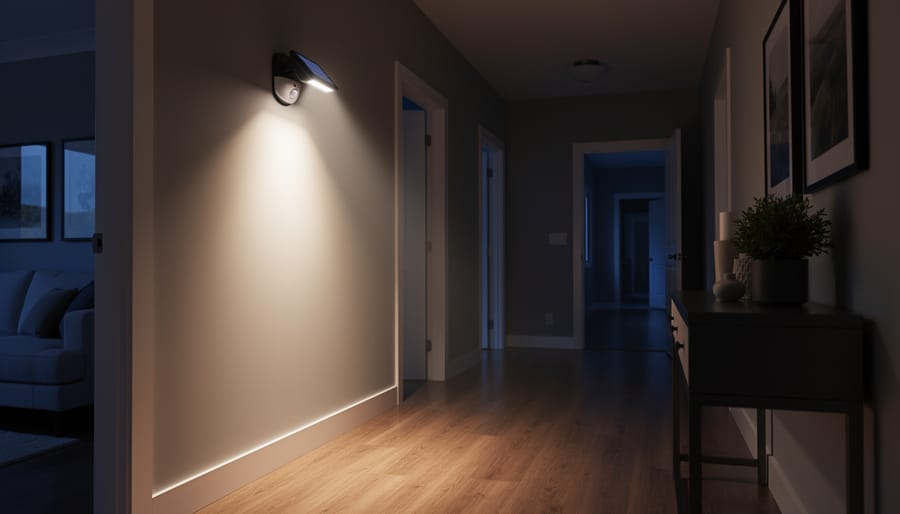 Homeowner checking a warm motion-sensor solar light in a nighttime hallway.