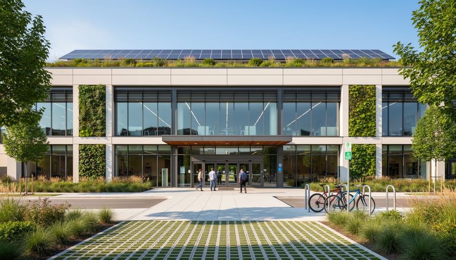 Modern energy-efficient building with green rooftop and native vegetation under an overcast sky