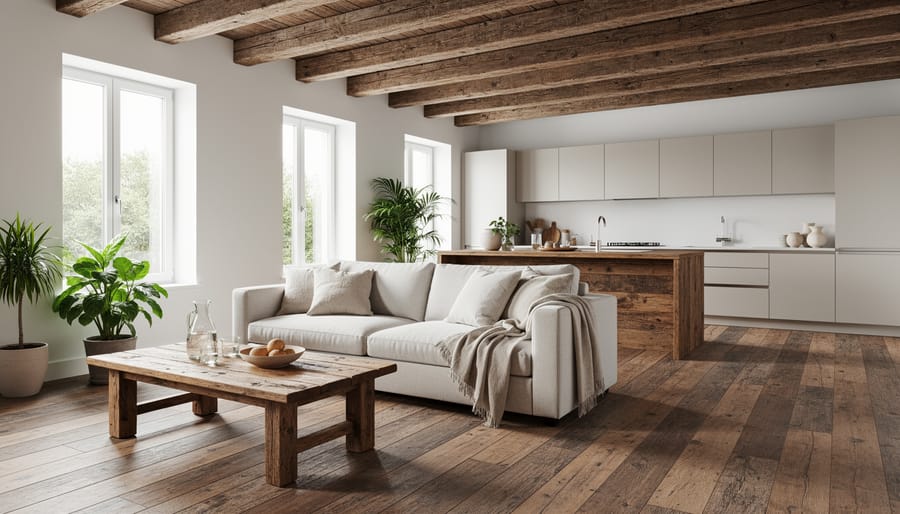 Reclaimed wood planks and natural renovation materials arranged on a workbench during an eco-friendly home renovation.
