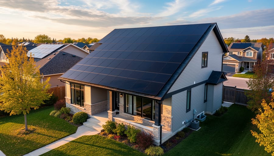 Solar panels installed on the roof of a suburban home with clear morning light.