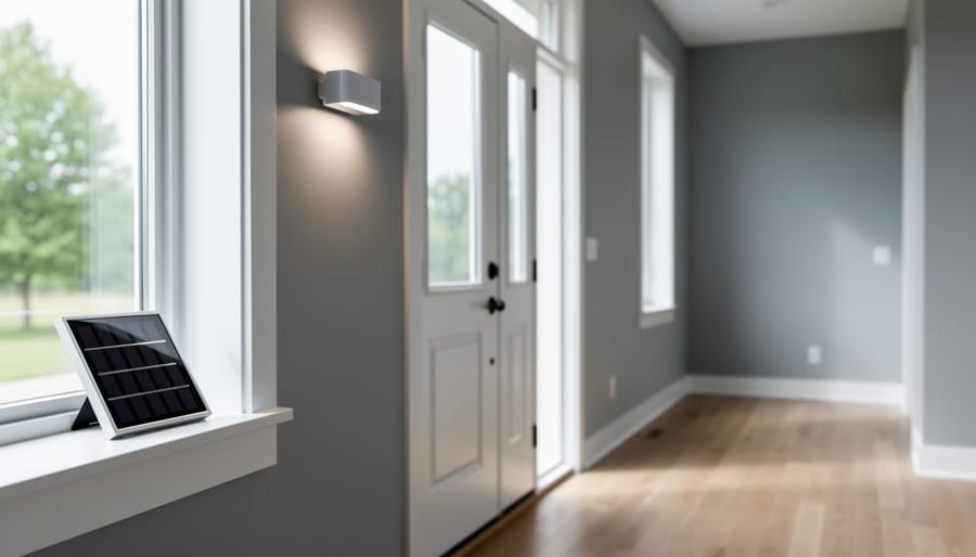 Solar-powered indoor LED light mounted near a window with a small solar panel on the windowsill in a modern Canadian home interior.