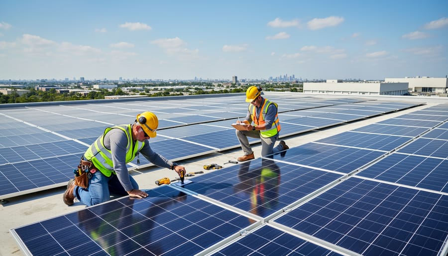 Technician adjusting wiring on rooftop solar panels with gloved hands.
