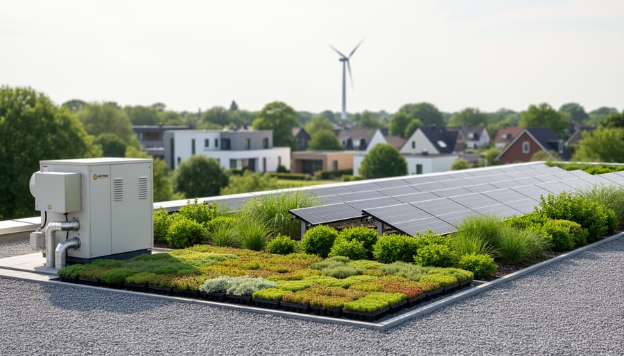 Renewable energy and sustainable building elements—solar panels, a wind turbine in the distance, and a green landscaped area—illustrating balanced sustainability design principles.