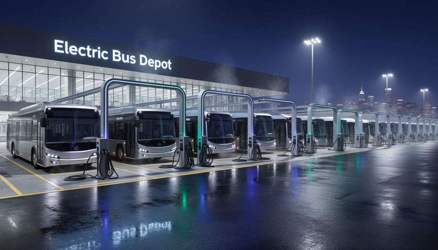 A battery-electric bus connected to charging equipment in a transit depot at dusk