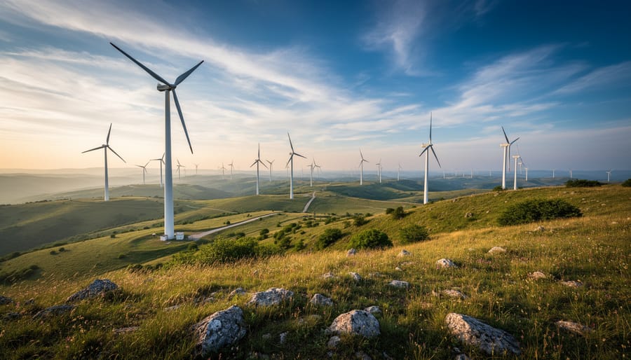 Wind turbines in the distance with native wildflowers in the foreground under an overcast sky.